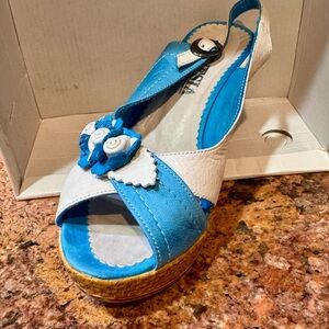 Blue and White Retro Peep-Toe Sandals